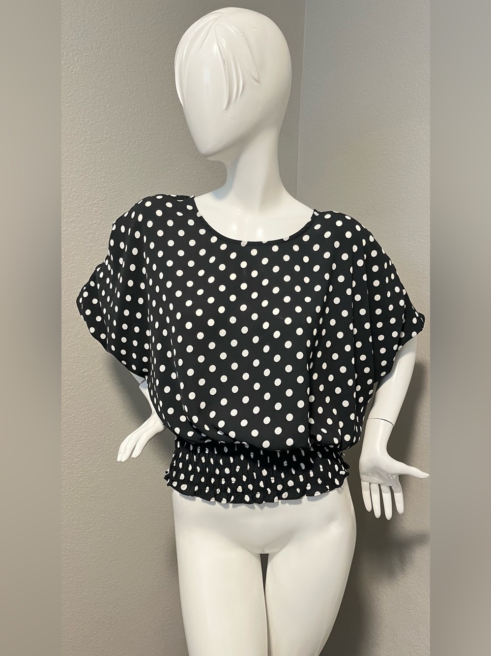 1. State Women’s Black & White Polka Dot Smocked Waist Top Blouse Size M